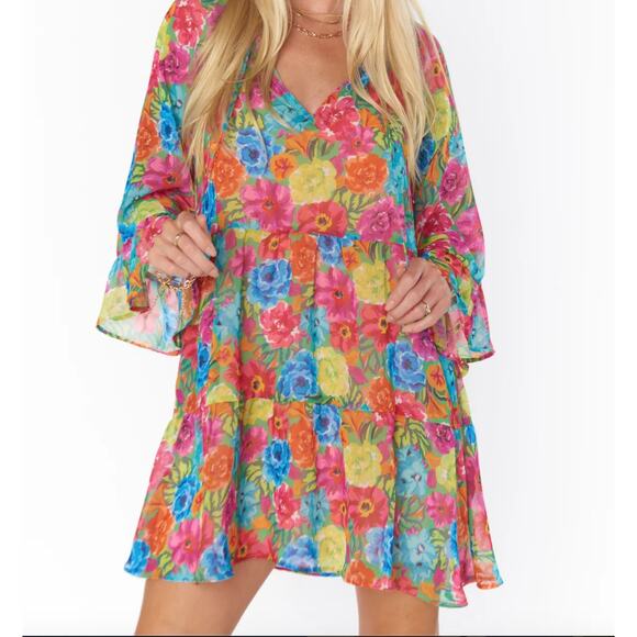 SHOW ME YOUR MUMU Viola Tiered Poet Slv Flowy Mini Dress Bright Floral Soiree S - Picture 1 of 5